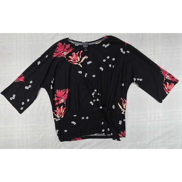 Clara Sun Woo Tops - Clara Sun Woo Womens Black Asymmetrical Side Tie Blouse Floral Cherry Blossom M